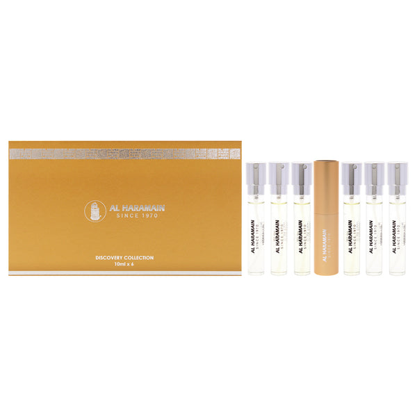 Al Haramain Discovery Collection - Amber Oud by Al Haramain for Unisex - 6 Pc Mini Gift Set 0.33oz Amber Oud - Gold Edition EDP Spray (Mini), 0.33oz Amber Oud - Ultra Violet EDP Spray (Mini), 0.33oz Amber Oud - Ruby Edition EDP Spray (Mini), 0.33oz Amber