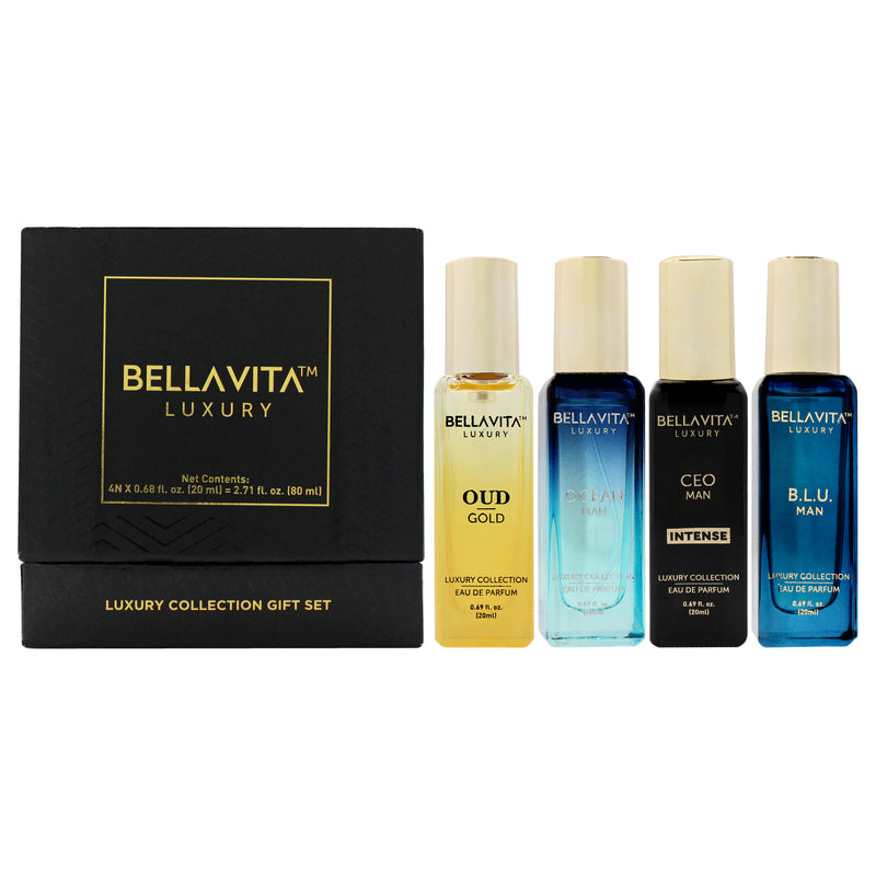 Bellavita Luxury Collection Gift Set by Bellavita for Men - 4 Pc Gift Set 0.68oz Ocean EDP Spray, 0.68oz Ceo Intense EDP Spray, 0.68oz Oud Gold EDP Spray, 0.68oz B.l.u EDP Spray