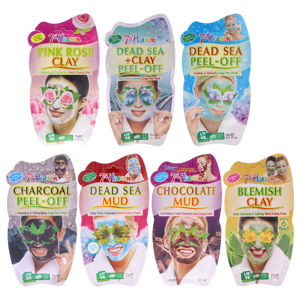 7th Heaven Face Mask Set by 7th Heaven for Women - 7 Pc 0.3oz Dead Sea Plus Clay Peel-Off Mask, 0.5oz Pink Rose Clay Mask, 0.7oz Chocolate Mud Mask, 0.7oz Duad Sea Mud Mask, 0.3oz Deep Sea Peel-Off Mask, 0.3oz Charcoal Peel-Off Mask, 0.33oz Blemish Clay M