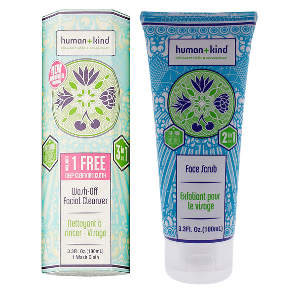 Human+Kind Wash-Off Facial Cleanser and Face Scrub Kit by Human+Kind for Unisex - 2 Pc Kit 3.38oz Cleanser, 3.3oz Scrub