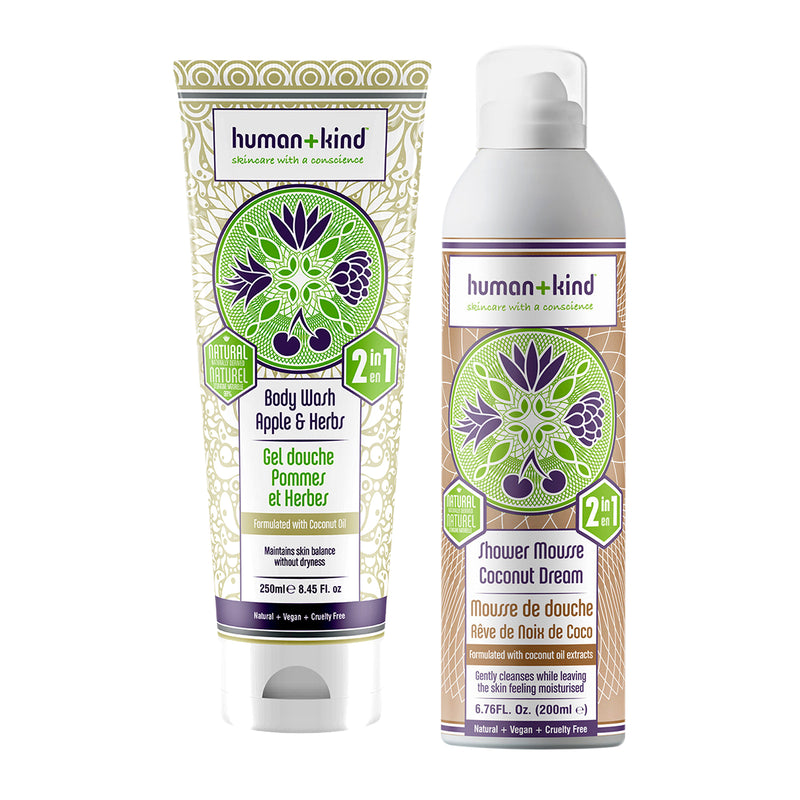 Human+Kind Body Wash by Human+Kind for Unisex - 2 Pc Kit 8.45oz Body Wash - Apple and Herbs, 6.76oz Shower Mousse Bodywash - Coconut Dream