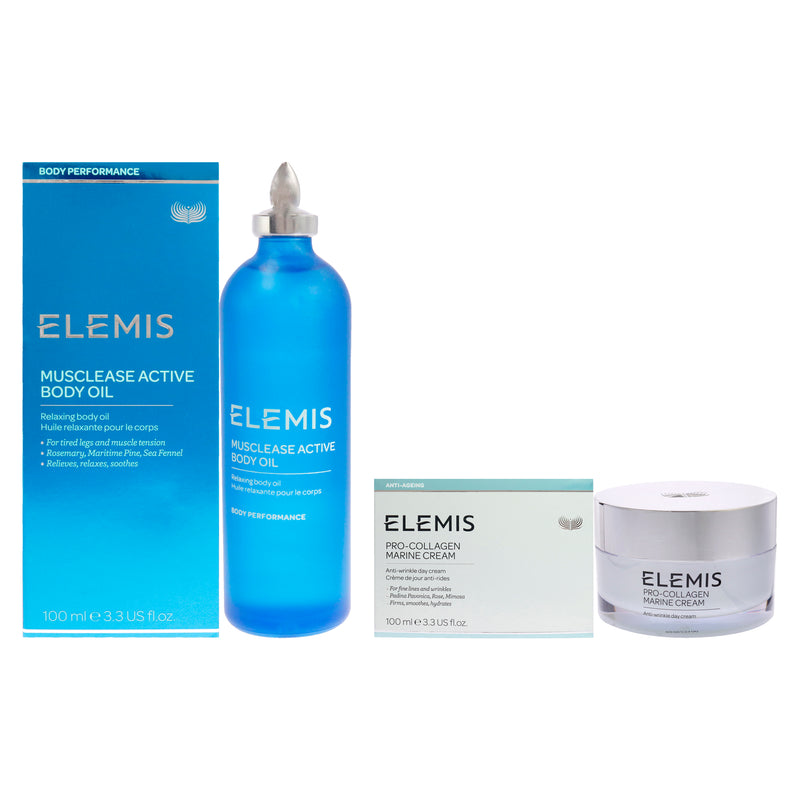 Elemis Musclease Active Body Oil and Pro-Collagen Marine Cream Kit by Elemis for Unisex - 2 Pc Kit 3.4oz Body Oil, 3.3oz Anti-Age Cream