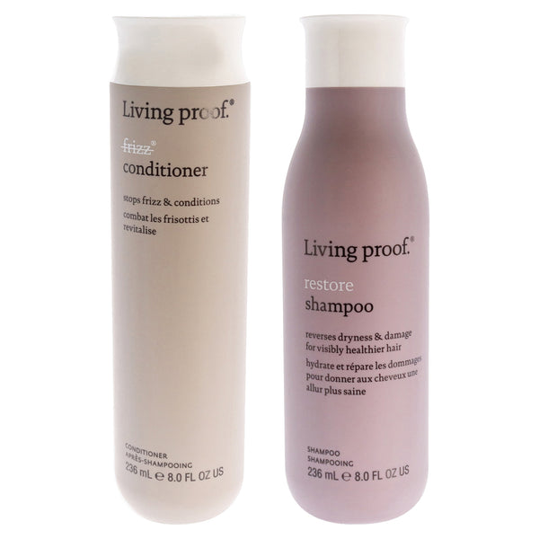 Living Proof Living Proof No Frizz Conditioner and Restore Shampoo - Dry or Damaged Hair Kit by Living Proof for Unisex - 2 Pc Kit 8oz Conditioner, 8oz Shampoo