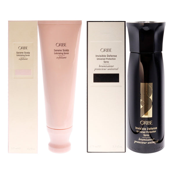 Oribe Serene Scalp Exfoliating Scrub and Invisible Defense Universal Protection Spray Kit by Oribe for Unisex - 2 Pc Kit 4.2oz Exfoliator, 5.9oz Hairspray