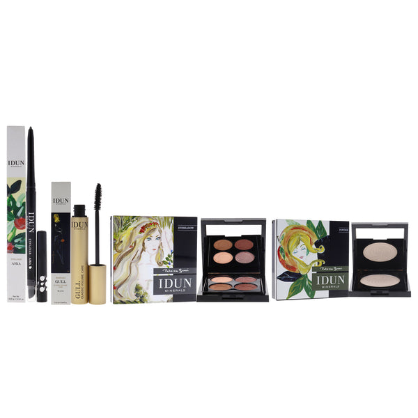 Idun Minerals Gull Mascara - 010 Black With Eyeliner - 104 Aska and Eyeshadow Palette - 407 Lavendel and Highlighter Powder - 522 Tilda Kit by Idun Minerals for Women - 4 Pc Kit 0.39 oz Mascara, 0.01 oz Eyeliner, 4 x 0.03 oz Eye Shadow, 0.12 oz Highlighte