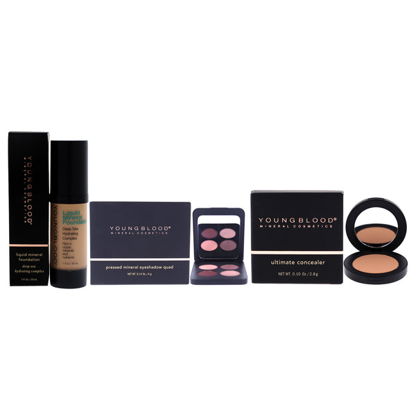 Youngblood Pressed Mineral Eyeshadow Quad With Liquid Mineral Foundation and Ultimate Concealer Kit by Youngblood for Women - 3 Pc Kit 0.14 oz Eye Shadow - Vintage, 1 oz Foundation - Pebble, 0.10 oz Concealer - Medium