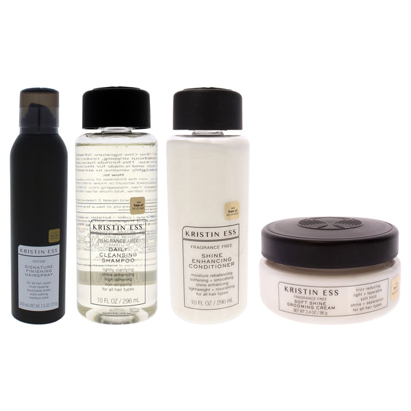 Kristin Ess Fragrance Free and Refine Signature Finishing Spray Kit by Kristin Ess for Unisex - 4 Pc Kit 10oz Daily Cleansing Shampoo, 10oz Shine Enhancing Conditioner, 3.4oz Soft Shine Grooming Cream, 7.5oz Hair Spray