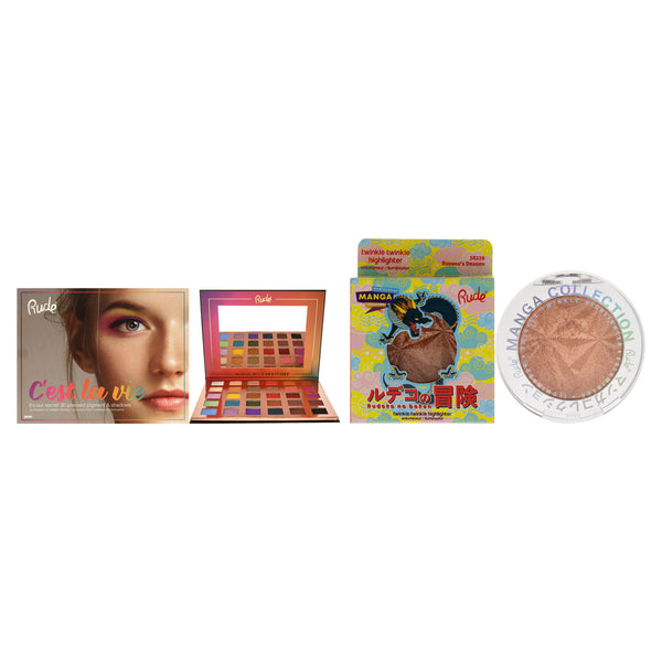 Rude Cosmetics Manga Collection Twinkle Twinkle Highlighter - Rudekos Dragon and Cest La Vie 30 Eyeshadow Palette Kit by Rude Cosmetics for Women - 2 Pc Kit 0.14 oz Highlighter, 1.13 oz Eye Shadow