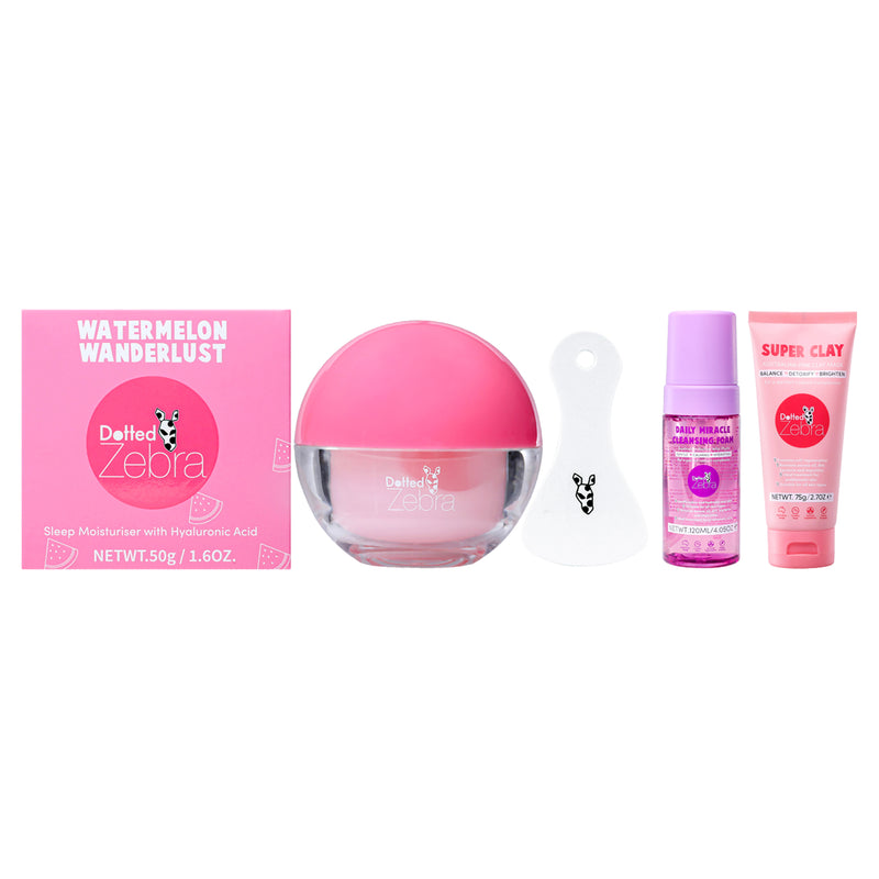 Dotted Zebra Dotted Zebra Pink Kit by Dotted Zebra for Women - 3 Pc Kit 4.05oz Daily Miracle Cleansing Foam, 2.7oz Super Clay, 1.6oz Watermelon Wanderlust Sleep Moisturizer