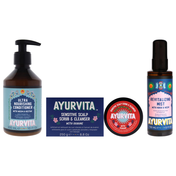 AyurVita Brahmi Sensitive Scalp Scrub and Cleanser - Neem and Reetha Ultra Nourishing Conditioner with Maka and Neem Revitalizing Mist Kit by AyurVita for Unisex - 3 Pc Kit 8.8oz Cleanser, 10oz Conditioner, 5oz Mist