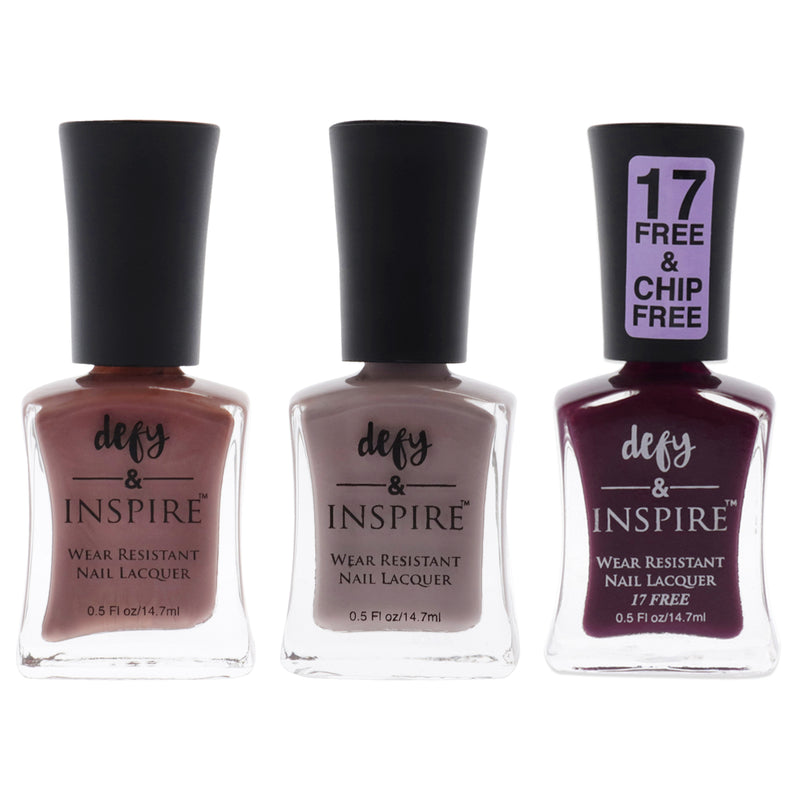 Wear Resistant Nail Lacquer Kit by Defy and Inspire for Women - 3 Pc Kit 0.5oz Nail Polish - 142 Behind Closed Doors, 0.5oz Nail Polish - 143 Chopping Block, 0.5oz Nail Polish - 230 Bridezilla