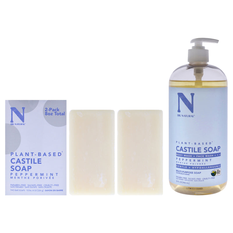 Dr. Natural Freshness01 Kit by Dr. Natural for Unisex - 3 Pc Kit 2 x 30oz Castile Liquid Soap - Peppermint, 2 x 8oz Castile Bar Soap - Peppermint