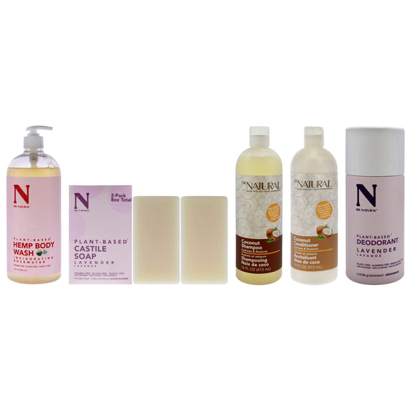Dr. Natural Shower01 Kit by Dr. Natural for Unisex - 5 Pc Kit 32oz Body Wash - Hemp with Lavender, 3oz Deodorants Stick - Lavender, 2 x 8oz Castile Bar Soap - Lavender, 16oz Intense Hydration Shampoo - Coconut, 16oz Hydrates and Restores Conditioner - Coc