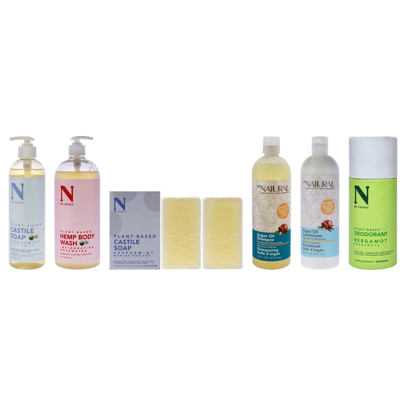 Dr. Natural The Dr. Natural Experience by Dr. Natural for Unisex - 6 Pc Kit 32oz Body Wash - Hemp with Rose, 32oz Castile Liquid Soap - Peppermint, 16oz Nourishing Shampoo - Argan Oil, 16oz Nourishing Conditioner - Argan Oil, 3oz Deodorants Stick - Bergam