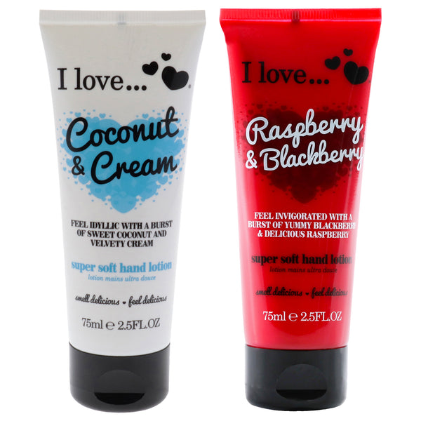 I Love Cosmetics Super Soft Hand Lotion Kit by I Love Cosmetics for Women - 2 Pc Kit 2.5oz Super Soft Hand Lotion - Coconut and Cream, 2.5oz Super Soft Hand Lotion - Raspberry and Blackberry
