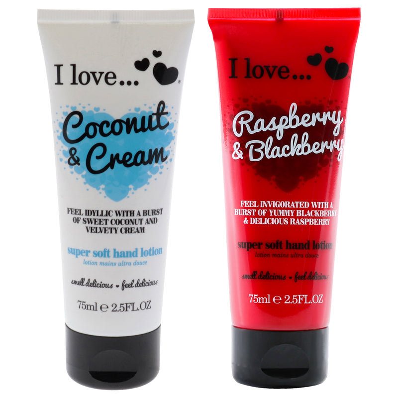 I Love Cosmetics Super Soft Hand Lotion Kit by I Love Cosmetics for Women - 2 Pc Kit 2.5oz Super Soft Hand Lotion - Coconut and Cream, 2.5oz Super Soft Hand Lotion - Raspberry and Blackberry