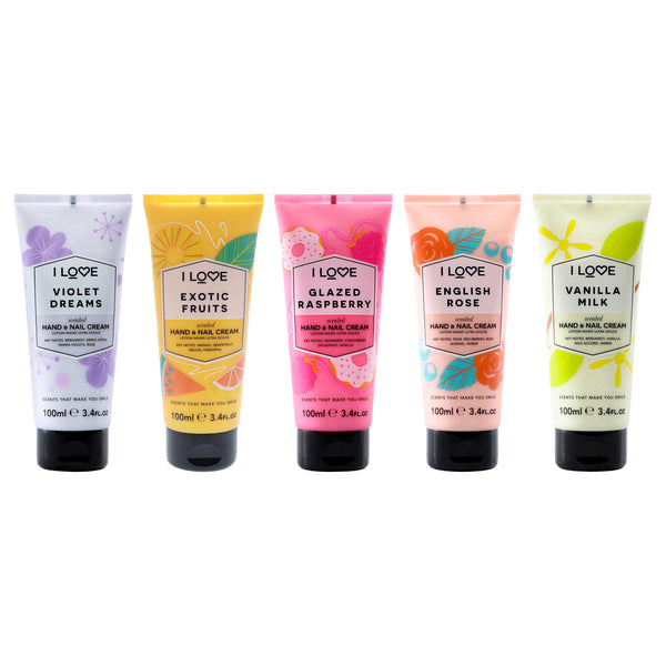 I Love Cosmetics Hand and Nail Cream Bundle Kit by I Love Cosmetics for Women - 5 Pc Kit 3.4oz Scented Hand and Nail Cream - Glazed Raspberry, 3.4oz Scented Hand and Nail Cream - Violet Dreams, 3.4oz Scented Hand and Nail Cream - English Rose, 3.4oz Scent