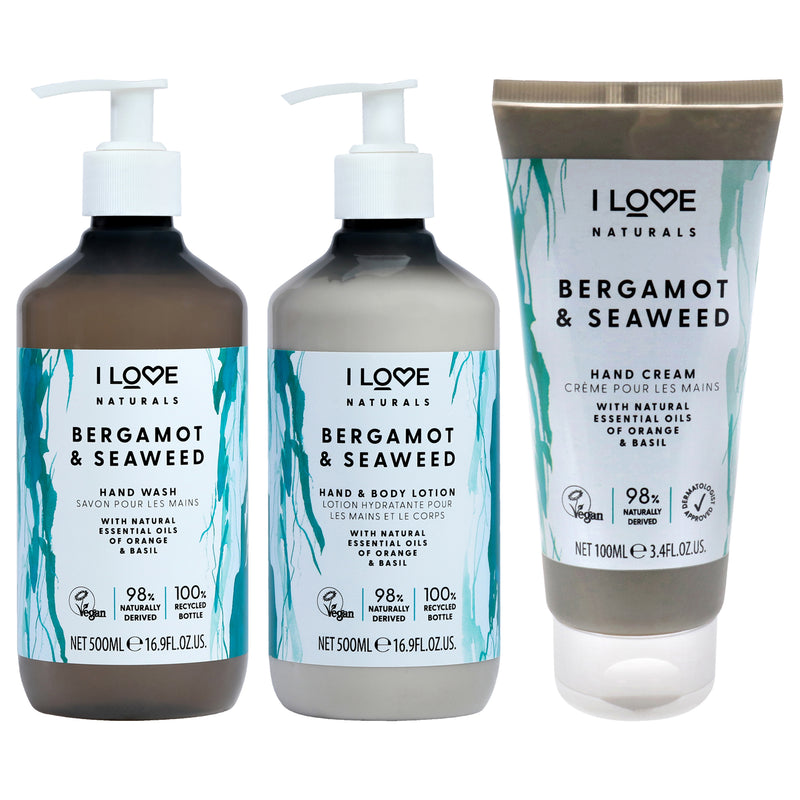 I Love Cosmetics Naturals Collection Kit by I Love Cosmetics for Women - 3 Pc Kit 3.4oz Naturals Hand Cream - Bergamot and Seaweed, 16.9oz Naturals Hand and Body Lotion - Bergamot and Seaweed, 16.9oz Naturals Hand Wash - Bergamot and Seaweed