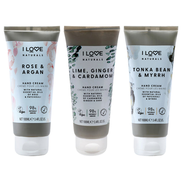 I Love Cosmetics Naturals Hand Cream Kit by I Love Cosmetics for Women - 3 Pc Kit 3.4oz Naturals Hand Cream - Rose and Argan, 3.4oz Naturals Hand Cream - Tonka Bean and Myrrch, 3.4oz Naturals Hand Cream - Lime-Ginger and Cardamon