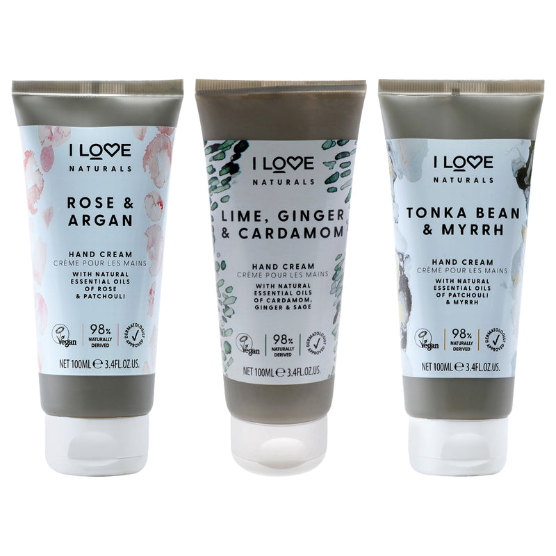 I Love Cosmetics Naturals Hand Cream Kit by I Love Cosmetics for Women - 3 Pc Kit 3.4oz Naturals Hand Cream - Rose and Argan, 3.4oz Naturals Hand Cream - Tonka Bean and Myrrch, 3.4oz Naturals Hand Cream - Lime-Ginger and Cardamon