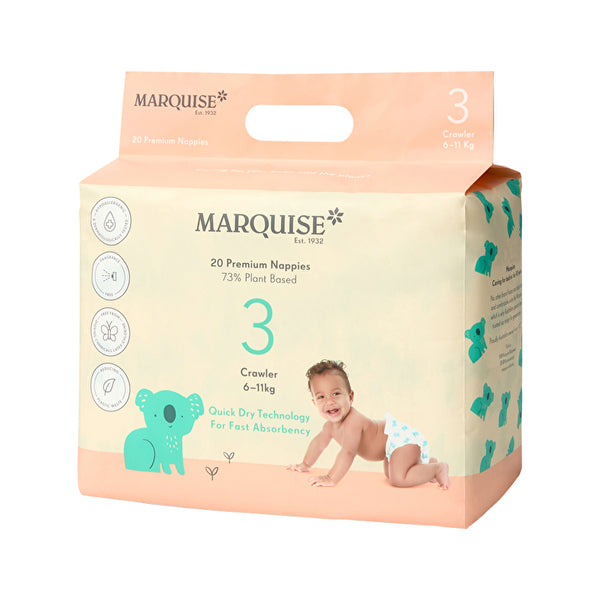 Marquise Premium Nappies (73% Plant Based) Crawler Size 3 (6-11kg) x 20 Pack
