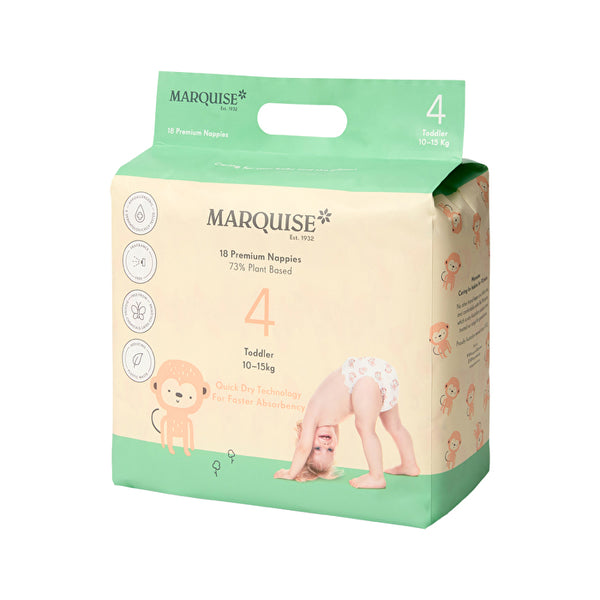 Marquise Premium Nappies (73% Plant Based) Toddler Size 4 (10-15kg) x 18 Pack