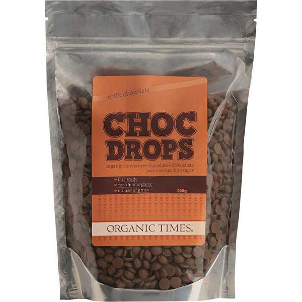 Organic Times Choc Drops Milk Couverture Drops 500g