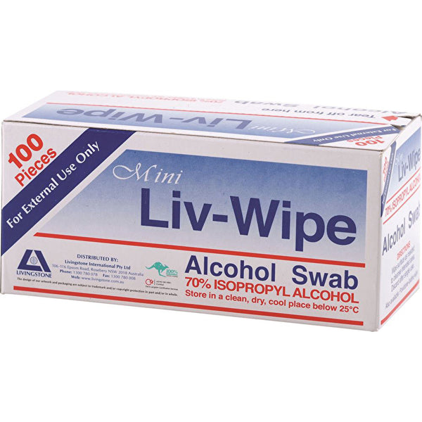 Dispensary & Clinic Items Liv-Wipe Alcohol Wipes Mini Alcohol Swabs (30 x 30mm) x Box 100 Sheets