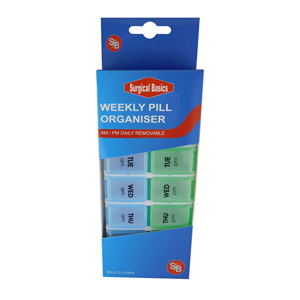 Dispensary & Clinic Items Surgical Basics Pill Box Weekly Pill Planner Removable (2 per day AM/PM) Small (16.8 x 7.2 x2.55cm)