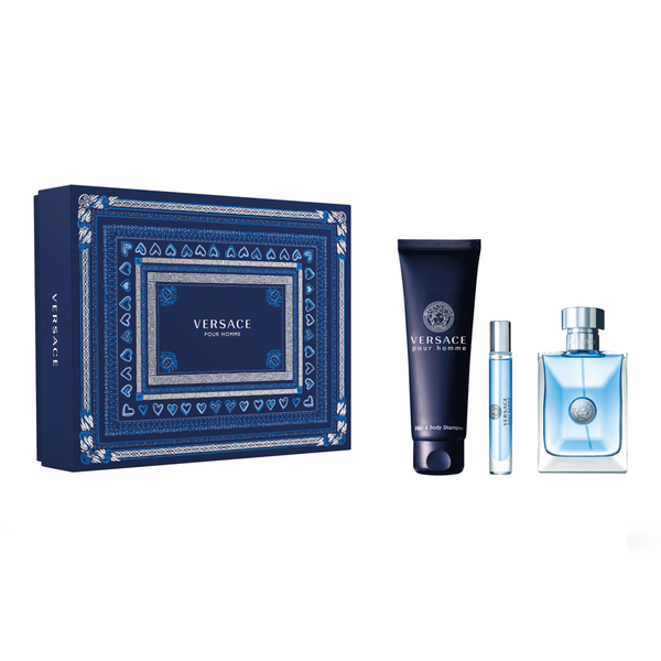 Versace Versace Pour Homme by Versace for Men - 3 Pc Gift Set 3.4oz EDT Spray, 10ml EDT spray, 5.0oz Hair and Body Shampoo
