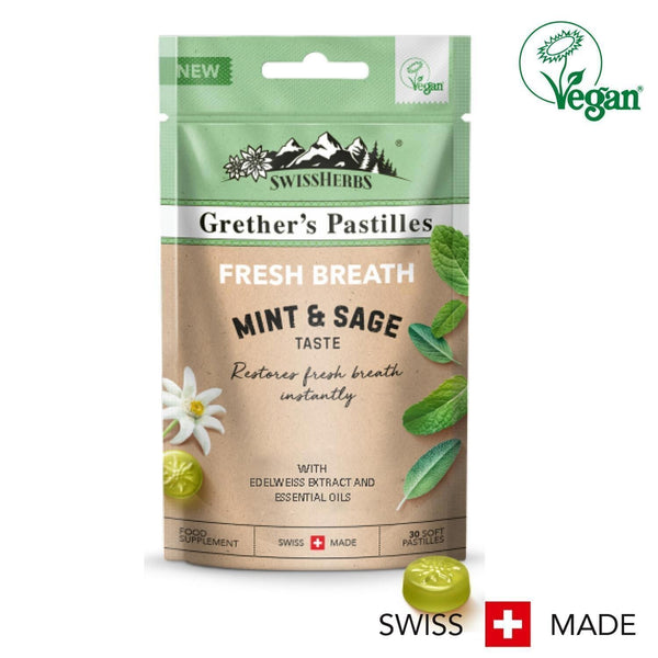 GRETHER'S Swissherbs Grether's Pastilles Mint & Sage Fresh Breath Sugarfree 45g ?100% Vegan?  Fixed Size