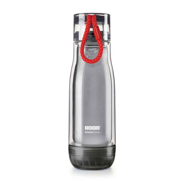 ZOKU Insulated Double-Walled with Suspended Grey Glass Core Bottle 475ml - Red Strip  Fixed Size