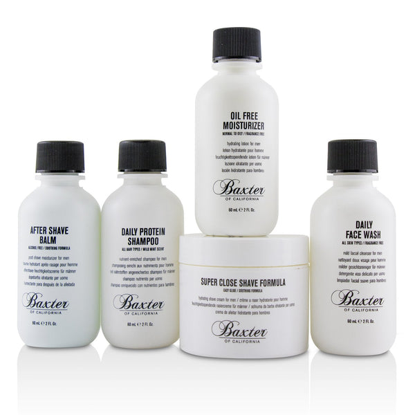 Baxter Of California Travel Starter Kit: Face Wash + Shave Formula + Moisturizer + Shave Balm + Shampoo + Bag 