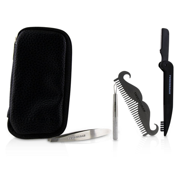 Tweezerman G.E.A.R. Travel Tool Essentials Set: Mini Slant Tweezer + Mini Skin Care Tool + Moustache Comb + Precision Folding Razor + Bag 