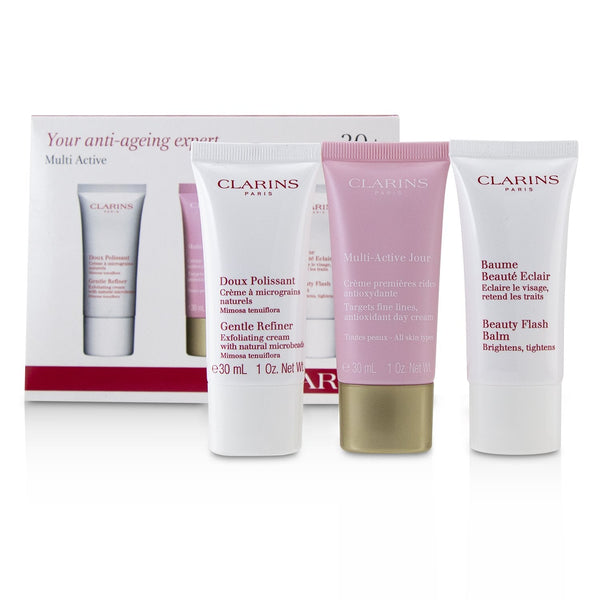 Clarins Multi-Active 30+ Anti-Ageing Skincare Set: Gentle Refiner 30ml + Multi-Active Day Cream 30ml + Beauty Flash Balm 30ml 