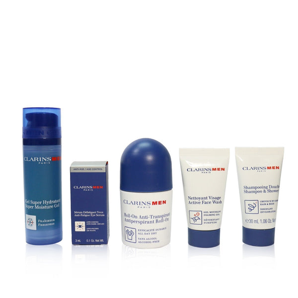 Clarins Men Grooming Essentials For Men Travel Exclusive Kit: Moisture Gel 50ml + Face Wash 30ml + Eye Serum 3ml + Antiperspirant Roll-On 50ml + Shampoo & Shower 30ml 