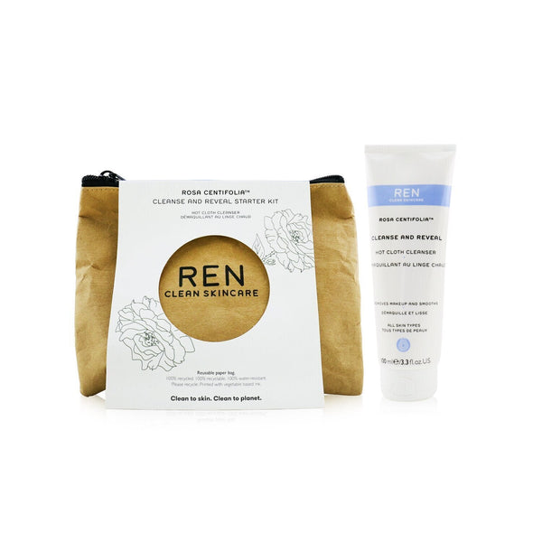 Ren Rosa Centifolia Cleanse & Reveal Starter Kit: Hot Cloth Cleanser 100ml + 100% Unbleached Cotton Cloths 2pcs 