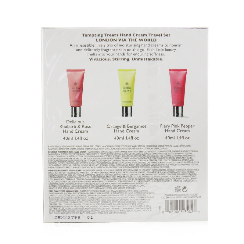 Molton Brown Tempting Treats Hand Cream Travel Set: Delicious Rhubarb & Rose Hand Cream+Orange & Bergamot Hand Cream+Fiery Pink Hand Cream  3pcs