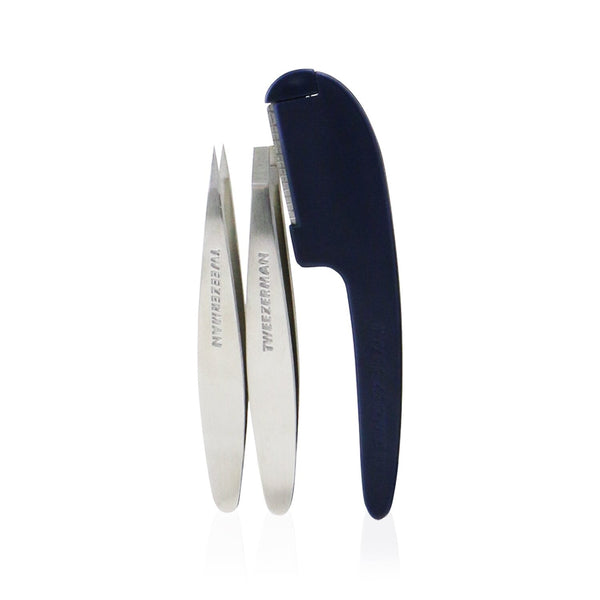 Tweezerman G.E.A.R. Brow Grooming Kit: Mini Flat Tweezers + Mini Point Tweezers + Facial Razor + Case  3pcs+1case