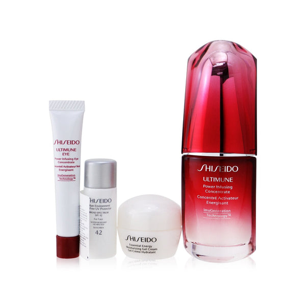 Shiseido Ultimate Hydrating Glow Set: Ultimune Power Infusing Concentrate 30ml + Moisturizing Gel Cream 10ml + Eye Concentrate 5ml + SPF 42 Sunscreen 7ml 