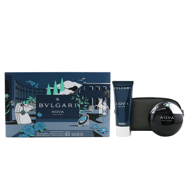 Bvlgari Aqva Pour Homme Coffret: Eau De Toilette Spray 100ml/3.4oz + After Shave Balm 100ml/3.4oz + Pouch  2pcs+Pouch