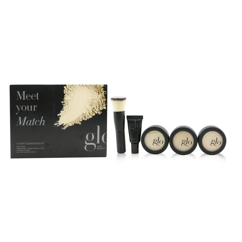 Glo Skin Beauty Meet Your Match 3 Step Foundation Kit (Face Primer + 2x Pressed Base + Perfecting Powder + Mini Kabuki Brush) - # Golden (Medium / Dark)  5pcs