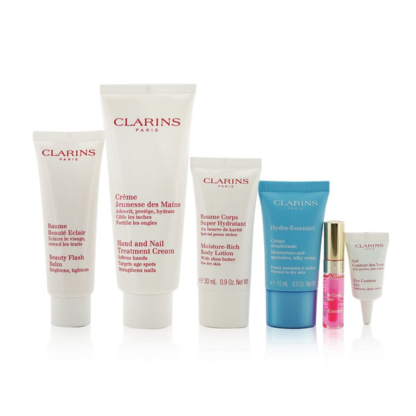 Clarins Weekend Essentials: Hand & Nail Treatment+ Beauty Flash Balm+ Body Lotion+ Hydra-Essentiel Cream+ Eye Contour Gel+ Lip Oil... 