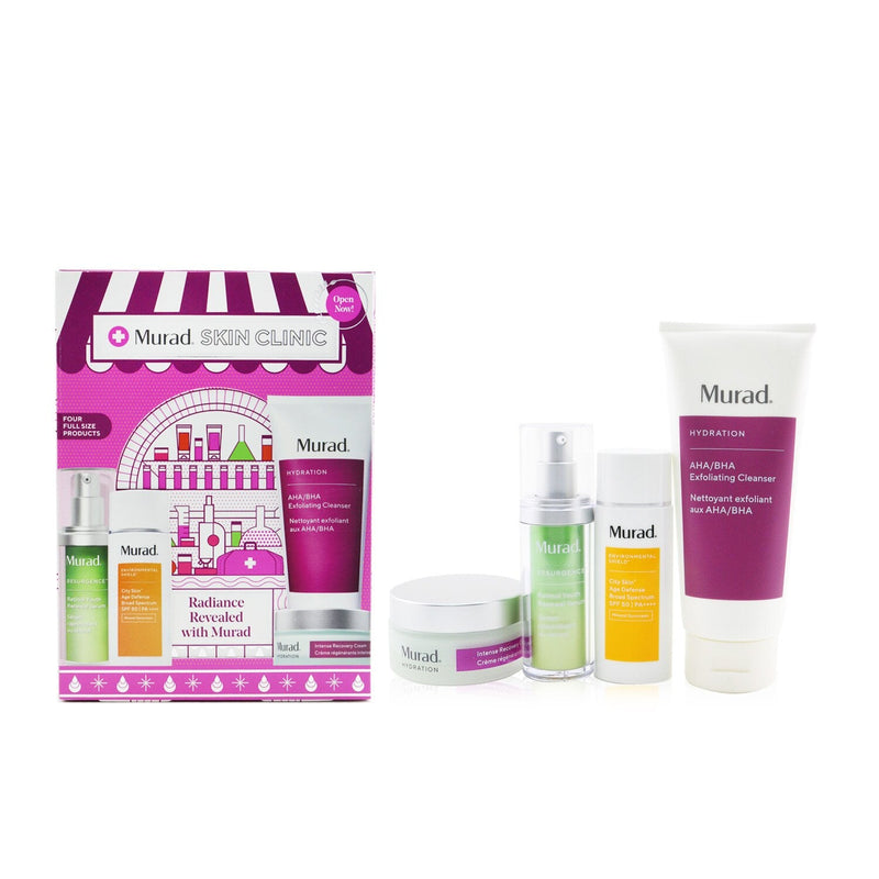 Murad Murad Skin Clinic Radiance Revealed With Murad Set: Retinol Youth Renewal Serum 30ml + City Skin Age Defense Mineral Sunscreen SPF 50 50ml + AHA/ BHA Exfoliating Cleanser 200ml + Intense Recovery Cream 50ml  4pcs