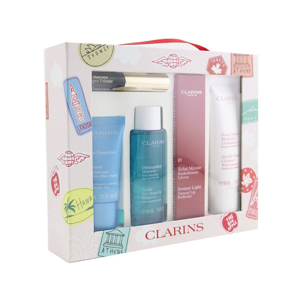 Clarins Clarins With Love From Suitcase Set (1x Eclat Minute Instant Light Natural Lip Perfector 01, 1x Gentle Foaming Cleanser, 1x Gentle Eye Makeup Remover, 1x Cream, 1x Supra Volume Mascara)  5pcs