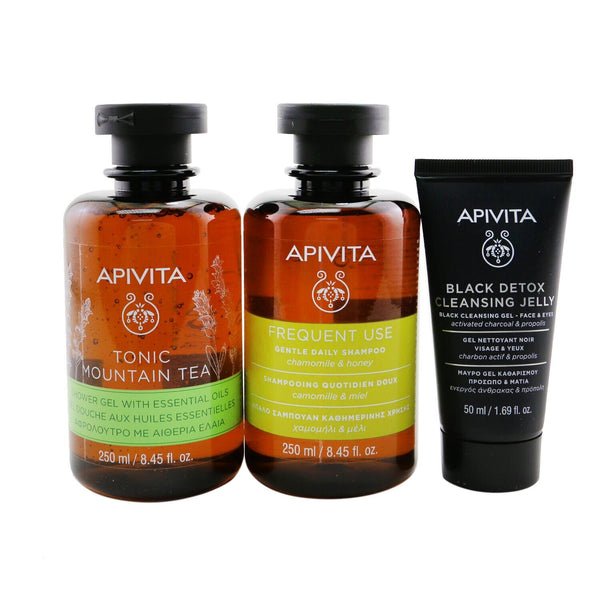 Apivita Nature's Greetings Set: Tonic Mountain Tea Shower Gel 250ml+ Gentle Daily Shampoo 250ml+ Black Cleansing Gel 50ml (Exp. Date: 05/2023)  3pcs