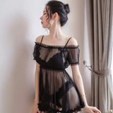 My Outfitssss Sexy sheer mesh off shoulder nightdress and lingerie set - # Black  1 pc