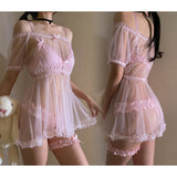 My Outfitssss Sexy sheer mesh off shoulder nightdress and lingerie set - # Pink  1 pc