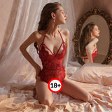 My Outfitssss Sexy camisole lace hollow strap opening pajamas set - # Red 2XL  1 pc