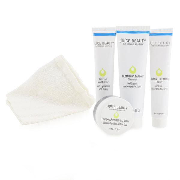 Juice Beauty Blemish Clearing Solutions Kit : Cleanser + Serum + Moisturizer + Mask + Washcloth (Exp. Date: 08/2023)  4pcs+1cloth